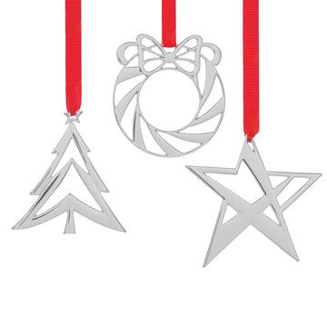 Nambe Holiday Assorted Mini Ornament (Tree, Wreath, and Star), Set of 3