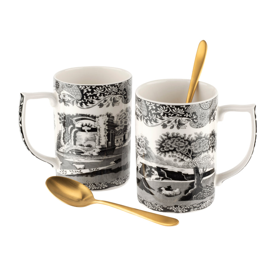 Spode Black Italian Mug and Spoon Set